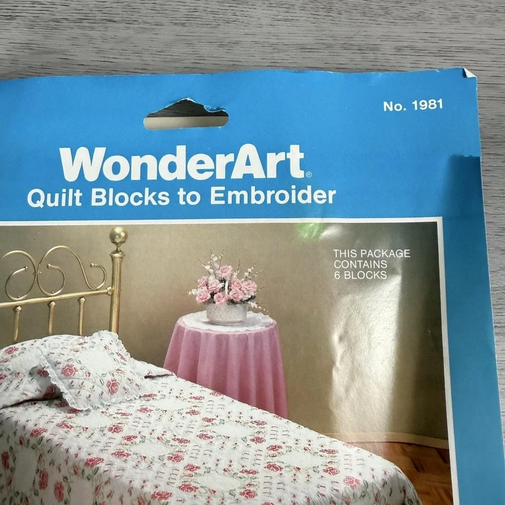 VTG WonderArt 1981 Colonial Rose Floral Quilt Blocks Cross Stitch Kit 18x18 OPEN
